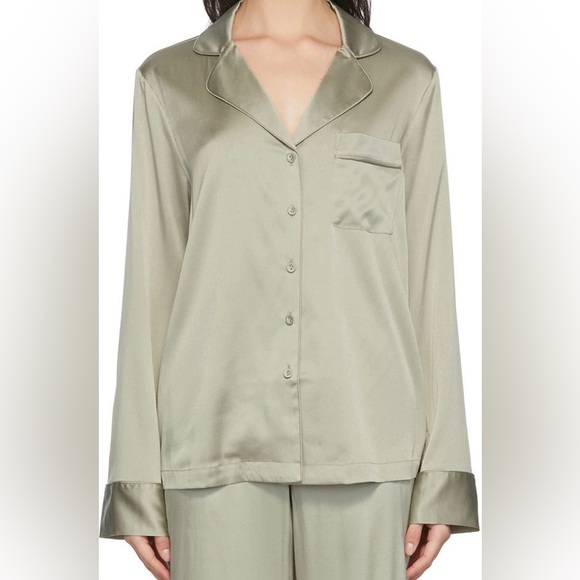 SKIMS Silk Pajama Set XS TALC Green Pant & Button Up Shirt Stretch Silk - Picture 4 of 12